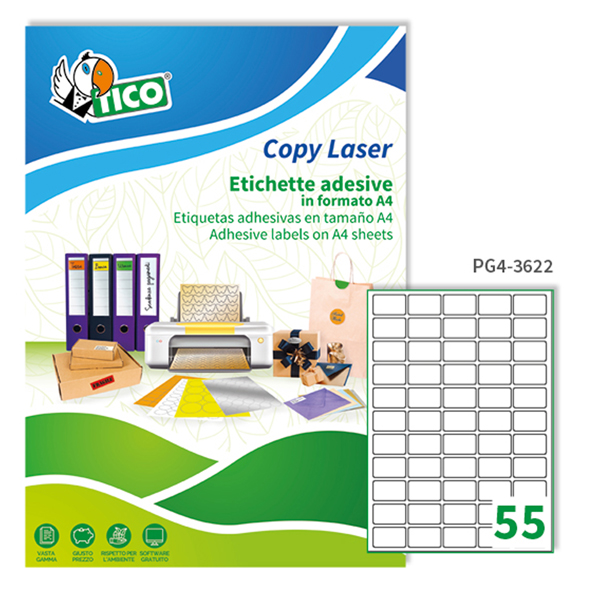 MD_83256 Etichette adesive PG4 - in carta - laser - permanenti - 36 x 22 mm - 55 et/fg - 100 fogli - bianco lucido - Tico - immagine 1