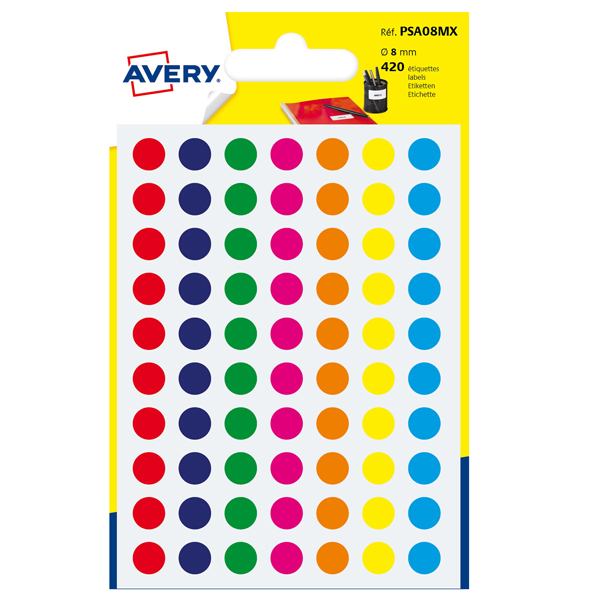 MD_83399 Etichette adesive tonde PSA - in carta - permanenti - diametro 8 mm - 70 et/fg - 6 fogli - colori assortiti - Avery - immagine 1