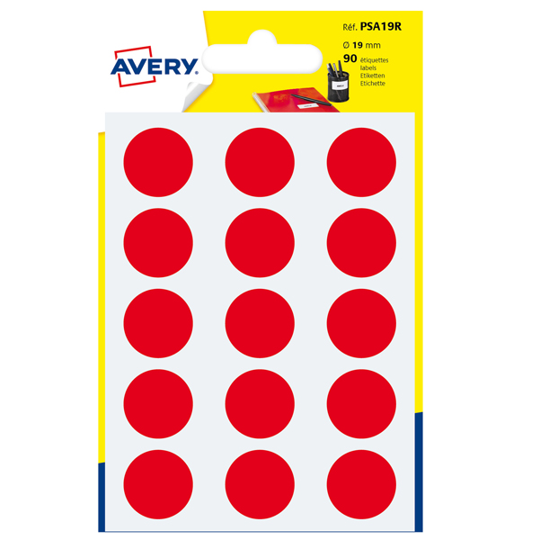 MD_83400 Etichette adesive tonde PSA - in carta - permanenti - diametro 19 mm - 15 et/fg - 6 fogli - rosso - Avery - immagine 1