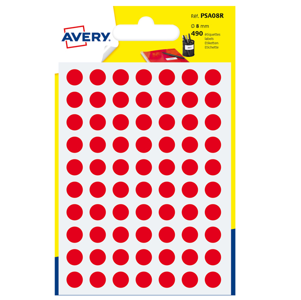 MD_83402 Etichette adesive tonde PSA - in carta - permanenti - diametro 8 mm - 70 et/fg - 7 fogli - rosso - Avery - immagine 1