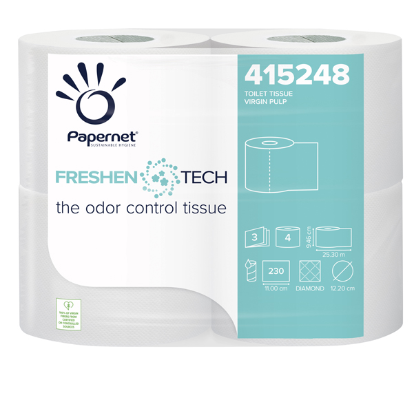 MD_86230 Carta igienica classica Freshen Tech - 3 veli - 230 strappi - diametro 12,2 cm -15,5 gr - 9,5 cm x 25,3 mt - Papernet - pacco 4 rotoli - immagine 1