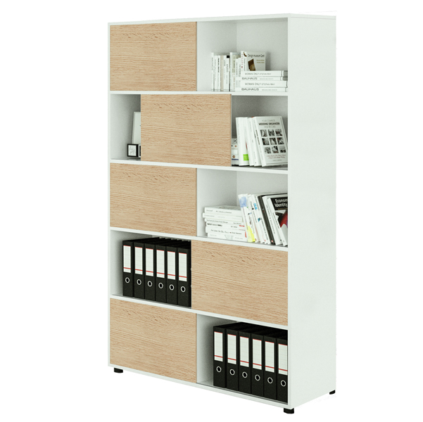 MD_86673 Libreria alta Tetris a 5 ripiani ante scorrevoli - 120x35 x191 cm - bianco/rovere - immagine 1