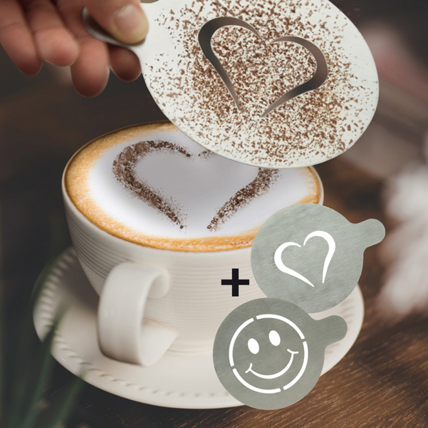MD_86926 Stencil per caffè - 10 x 12,4 x 0,1 cm - forma cuore e smile - Securit - set 2 pezzi - immagine 1