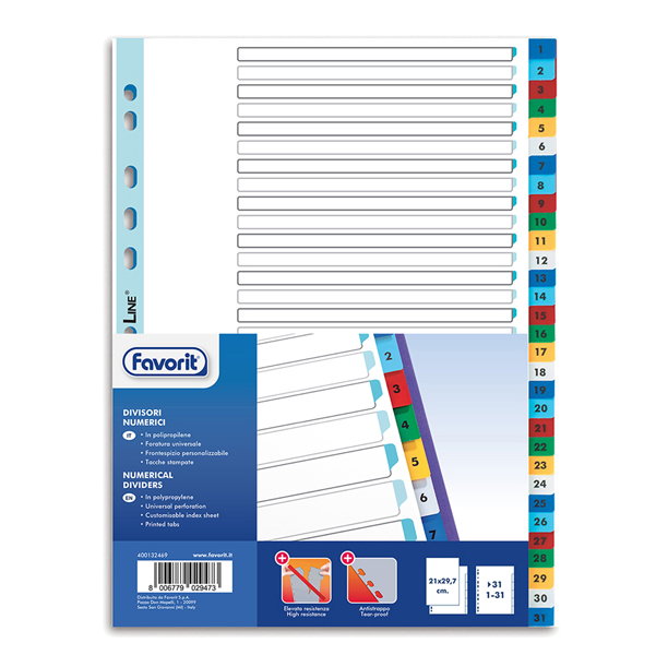 MD_89343 Divisori numerici 31 tacche - A4 - PP - colori assortiti - Favorit - immagine 1