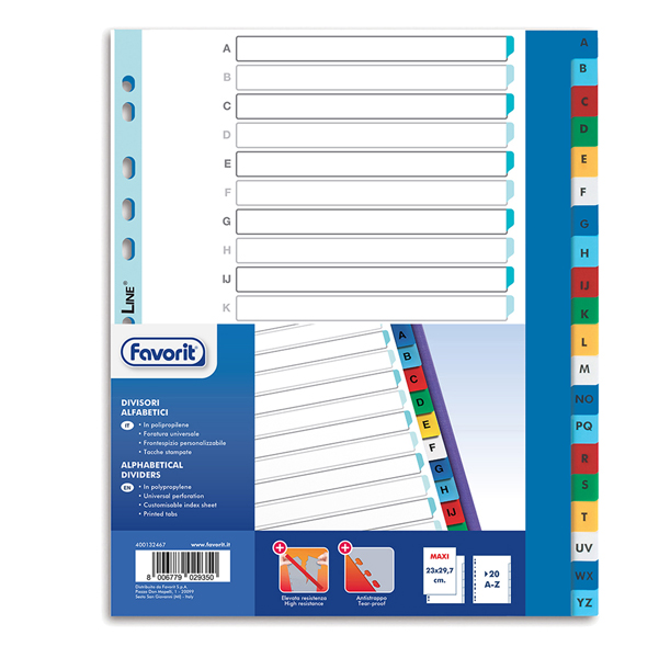 MD_89345 Divisori alfabetici 20 tacche - PP - A4 maxi - colori assortiti - Favorit - immagine 1