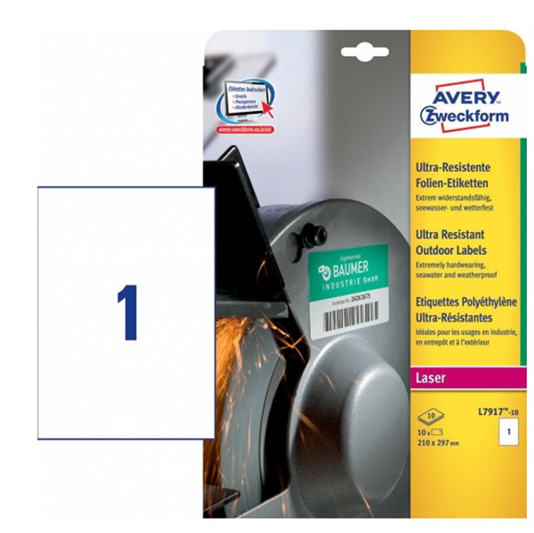 MD_90225 Etichette protezione e sicurezza - in PE - laser - permanenti - 210 x 297 mm - 1 et/fg - 10 fogli - bianco - Avery - immagine 1