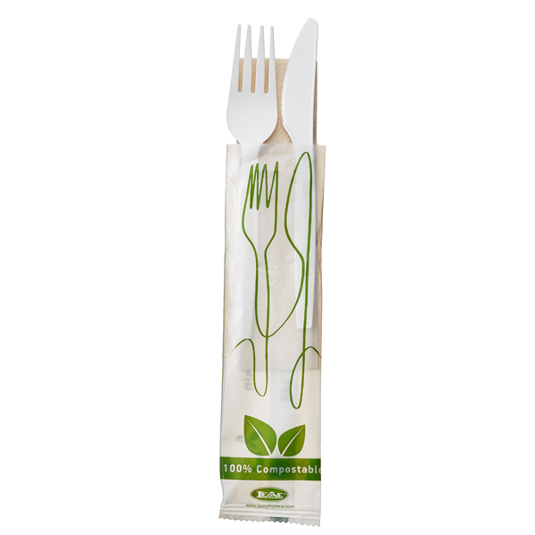 MD_90278 Bis coltello e forchetta - CPLA - con tovagliolo - bianco - Leone - conf. 250 pezzi - immagine 1