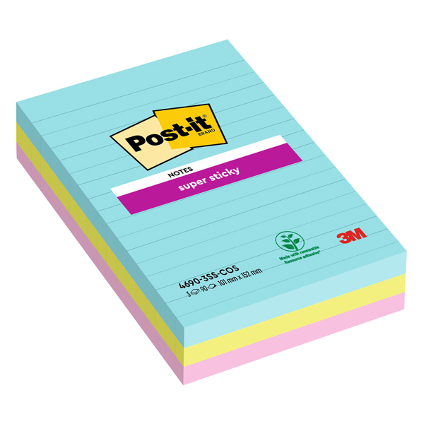 MD_94360 Blocco Post-it Super Sticky - 4690-SS3COS - a righe - 101 x 152 mm - colori Cosmic - 90 fogli - Post-it - conf. 3 pezzi - immagine 1