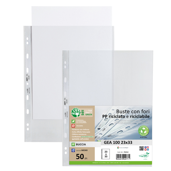 MD_94533 Buste forate Gea 100 - PP riciclato - buccia medium - 23 x 33 cm - Sei rota - conf. 50 pezzi - immagine 1
