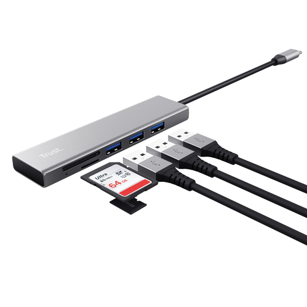 MD_98469 Hub USB-C veloce e lettore di schede - 3 porte - argento - Trust - immagine 1