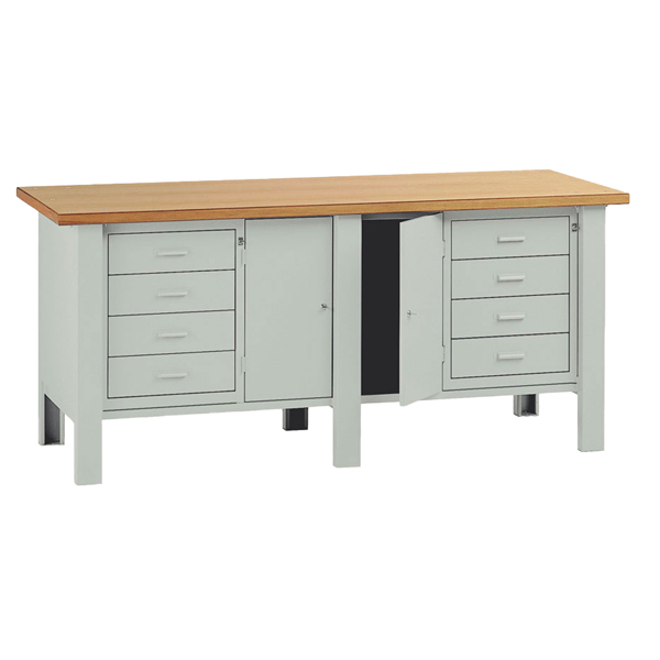 MD_99091 Banco da lavoro - con 2 cassettiere e 2 ante - 200 x 75 x 90 cm - grigio/legno - Tecnotelai - immagine 1