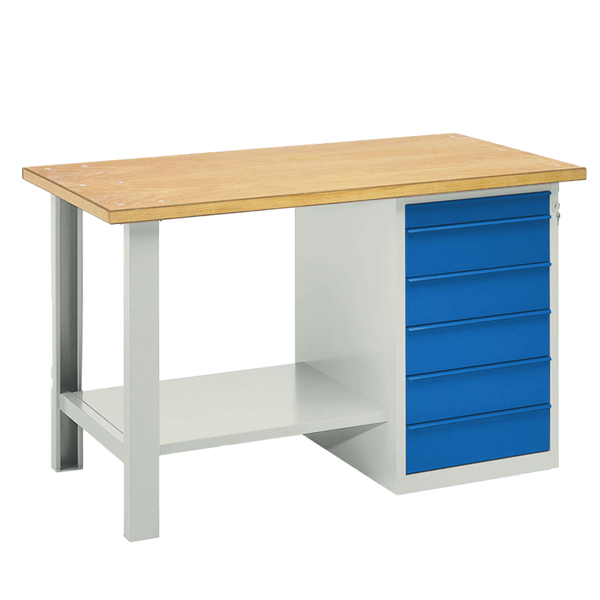 MD_99093 Banco da lavoro - 6 cassetti blu - 150 x 75 x 90 cm - grigio/legno - Tecnotelai - immagine 1