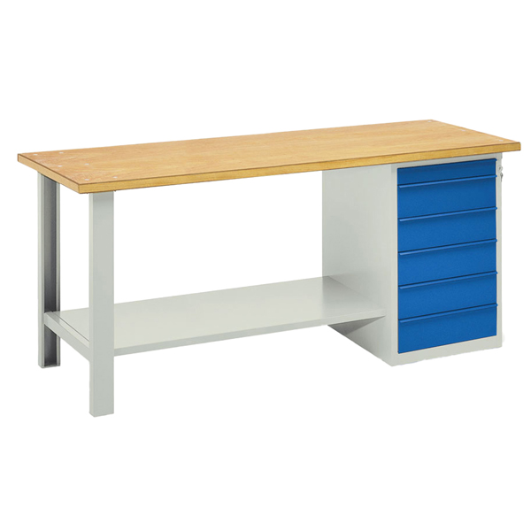 MD_99094 Banco da lavoro - 6 cassetti blu - 200 x 75 x 90 cm - grigio/legno - Tecnotelai - immagine 1