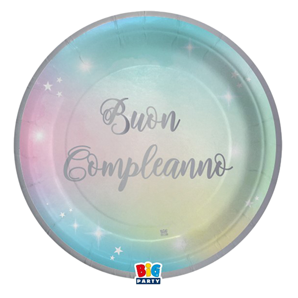 MD_99160 Piatto Soft Rainbow - Buon Compleanno - diametro 24 cm - carta - Big Party - conf. 8 pezzi - immagine 1