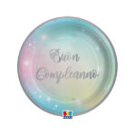 Piatto Soft Rainbow - Buon Compleanno - diametro 18 cm - carta - Big Party - conf. 8 pezzi