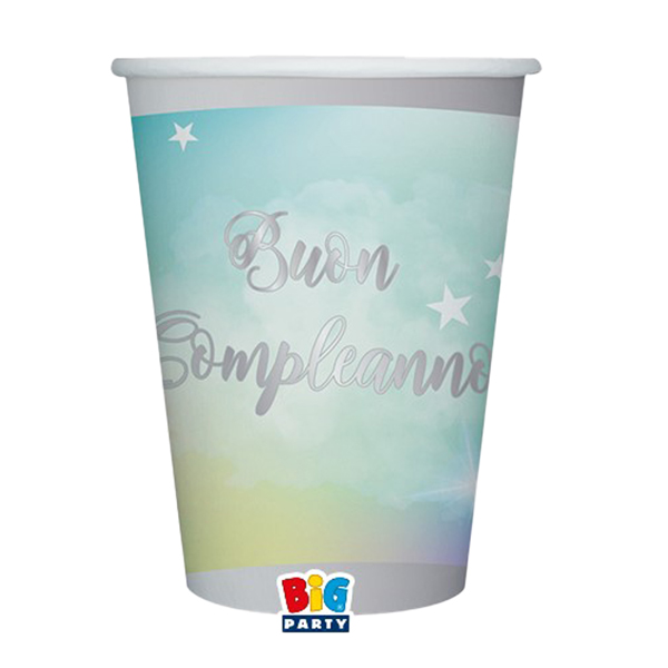 MD_99163 Bicchiere Soft Rainbow - Buon Compleanno - 200 ml - carta - Big Party - conf. 8 pezzi - immagine 1