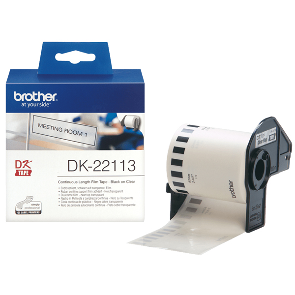 MD_BRODK22113 Brother - Nastro adesivo - in pellicola - Nero/Trasparente - 62mm x 15,24mt - DK-22113 - immagine 1