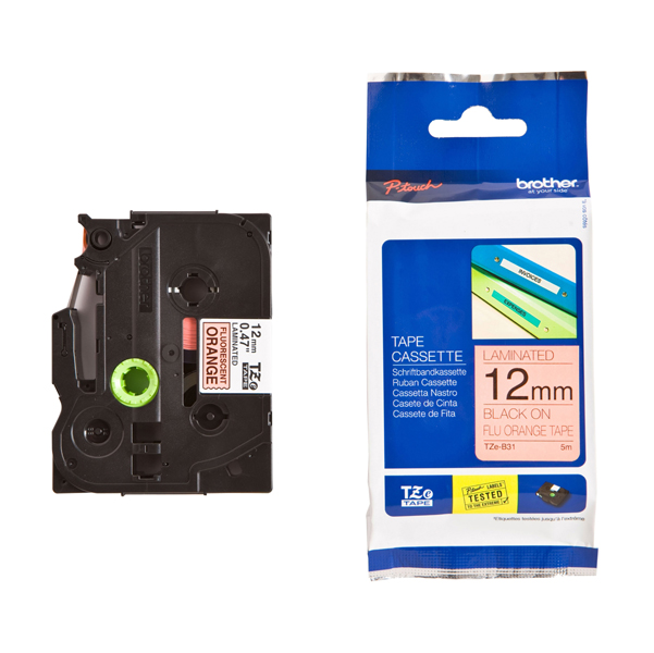 MD_BROTZEB31 Brother - Nastro laminato fluorescente - Nero/Arancio fluo - TZEB31 - 12mm x 5mt - immagine 1