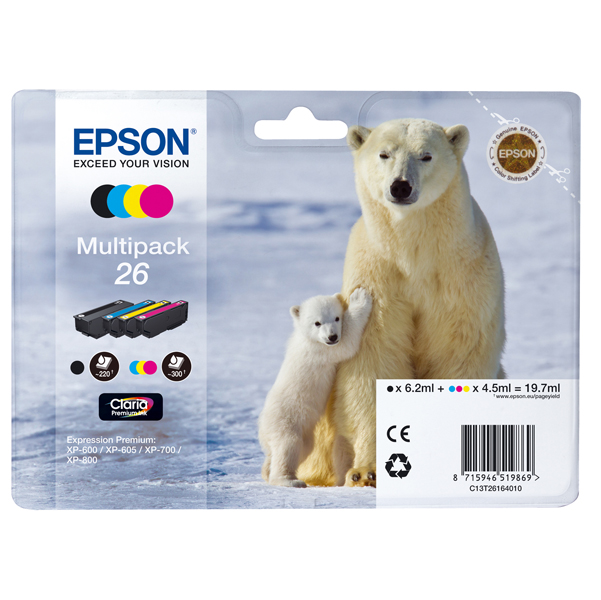 MD_EPST26164010 Epson - Multipack Cartuccia ink - 26 - C/M/Y/K - C13T26164010 - C/M/Y 4,5ml cad - K 6,2ml - immagine 1