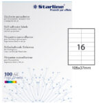 Etichette adesive - in carta - permanenti - 105 x 37 mm - 16 et/fg - 100 fogli - bianco - Starline