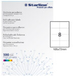 Etichette adesive - in carta - permanenti - 105 x 72 mm - 8 et/fg - 100 fogli - bianco - Starline