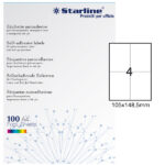 Etichette adesive - in carta - permanenti - 105 x 148,5 mm - 4 et/fg - 100 fogli - bianco - Starline
