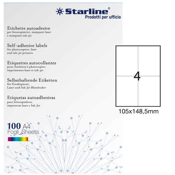 MD_STL3037 Etichette adesive - in carta - permanenti - 105 x 148,5 mm - 4 et/fg - 100 fogli - bianco - Starline - immagine 1