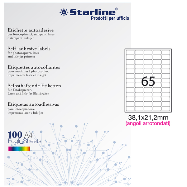 MD_STL3046 Etichette adesive - in carta - angoli arrotondati - permanenti - 38,1 x 21,2 mm - 65 et/fg - 100 fogli - bianco - Starline - immagine 1