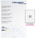Etichette adesive - in carta - angoli arrotondati - permanenti - 47,5 x 35 mm - 32 et/fg - 100 fogli - bianco - Starline