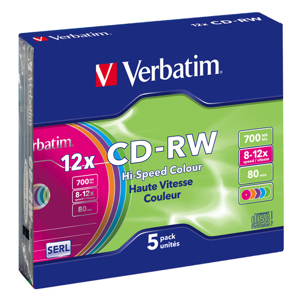 MD_VERCDRW7008X Verbatim - Scatola 5 CD-RW DataLife Plus - slim case - 8X-10X - serigrafato colorato - 43167 - 700MB - immagine 1