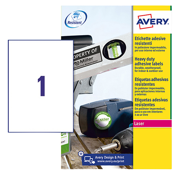 MD_104995 Etichette adesive L4775 - in poliestere - laser - permanenti - 210 x 297 mm - 1 et/fg - 8 fogli - bianco - Avery - immagine 1