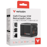 Caricabatterie - da muro - GaN - 65W - 2 porte - con cavo retrattile -Verbatim - immagine 4