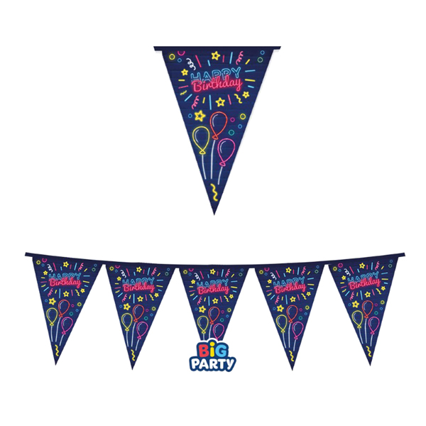 MD_104197 Festone bandiere Happy Birthday - in cartoncino - neon - 3 mt - Big Party - immagine 1