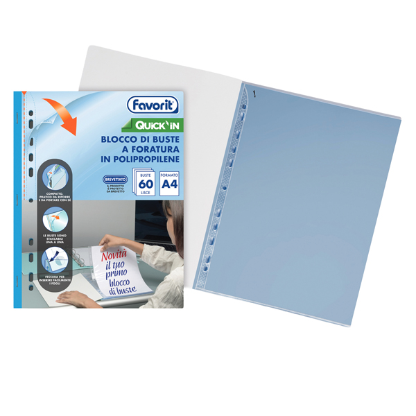 MD_104798 Quick IN blocco buste forate - liscio - A4 - trasparente - Favorit - conf. 60 buste - immagine 1