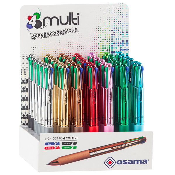MD_98856 Penna a sfera scatto multifunzione 4 Multi Color - Cromo - colori assortiti - Osama - expo 42 pezzi - immagine 1
