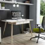 Postazione Home-Office - con sottopiano - gambe in legno -120 x 60 x H 74,4 cm - bianco / rovere - immagine 2