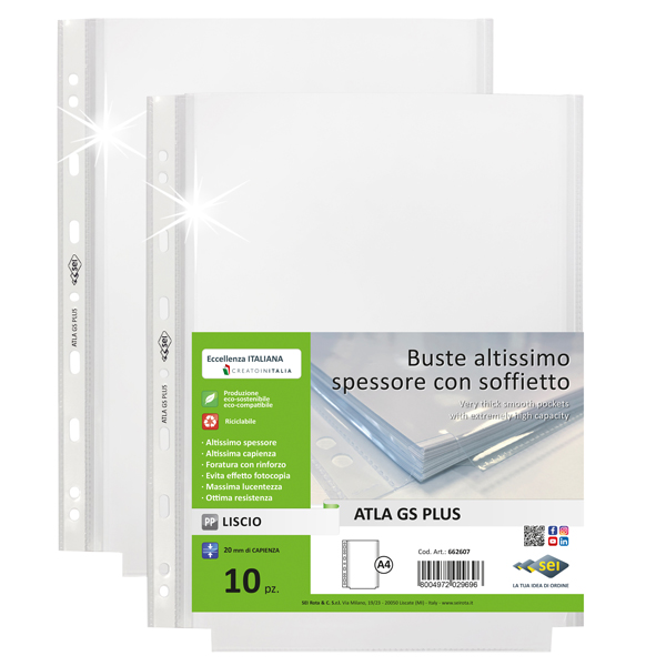 MD_100147 Buste forate ATLA GS plus - 22 x 30 cm - PP - c/soffietto - trasparente liscia - Sei Rota - conf. 10 pezzi - immagine 1