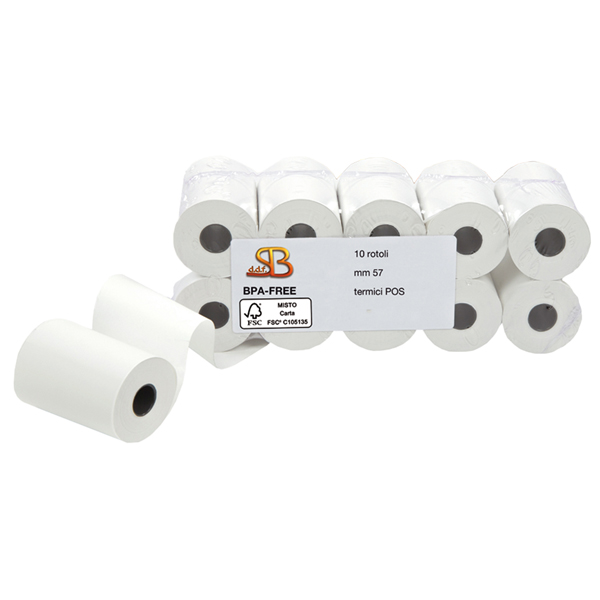 MD_100149 Rotolo per POS e carta di credito - 57 mm x 30 m - 55 gr - diametro esterno 50 mm - anima 12 mm - carta termica BPA free - Sabacart - blister 10 pezzi - immagine 1