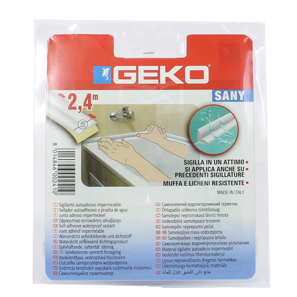 MD_101952 Sigillante adesivo SANY - per doccia e lavabi - 4 cm x 2,4 m - PIB - bianco - Geko - immagine 1