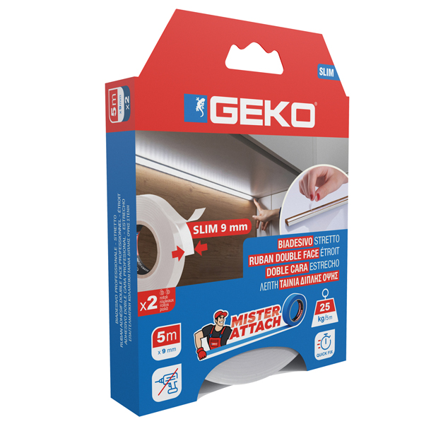 MD_103639 Nastro biadesivo SLIM Mister Attach - 9 mm x 5 m - PE/acrilico - bianco - Geko - conf. 2 pezzi - immagine 1
