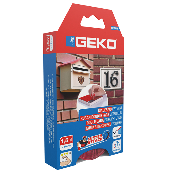MD_103642 Nastro biadesivo OUTDOOR Mister Attach - 19 mm x 1,5 m - LDPE/acrilico - grigio/rosso - Geko - immagine 1