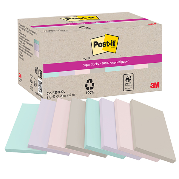 MD_105341 Blocco foglietti Post-it SuperSticky - 622R-SS8COL - 75 x 127 mm - carta riciclata - assortiti - 70 fogli - Post-it - conf. 8 blocc hi - immagine 1