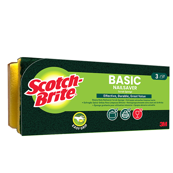 MD_105910 Spugna abrasiva Basic - salvadita - 14,2x2,4x11,5 cm - giallo/verde - Scotch-Brite - conf. 3 pezzi - immagine 1
