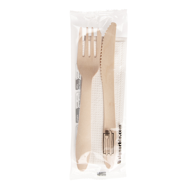 MD_106366 Bis posate con tovagliolo - legno naturale - Signor Bio - conf. 250 pezzi - immagine 1