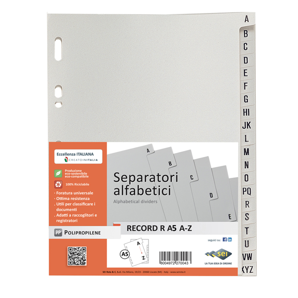 MD_25662 Separatore alfabetico A/Z Record R - PP - 15x21 cm - A5 - grigio - Sei Rota - immagine 1