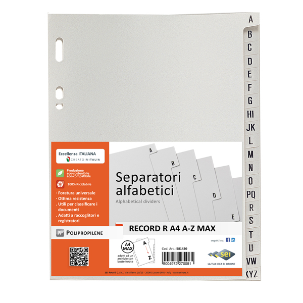 MD_25664 Separatore alfabetico A/Z Record R - PP - 21 x 29,7 cm - A4 - grigio - Sei Rota - immagine 1