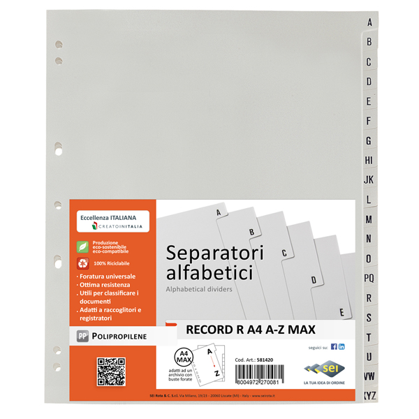 MD_25665 Separatore alfabetico A/Z Record R - PP - 24,5 x 30 cm - A4 maxi - grigio - Sei Rota - immagine 1
