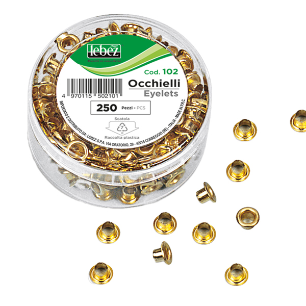 MD_25863 Occhielli ottonati - per occhiellatrice - diametro 5 mm - oro - Lebez - conf. 250 pezzi - immagine 1