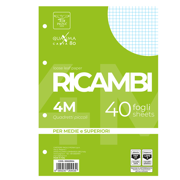 MD_28845 Ricambi forati Quaxima - A4 - 4 mm - 80 gr - Pigna - conf. 40 pezzi - immagine 1