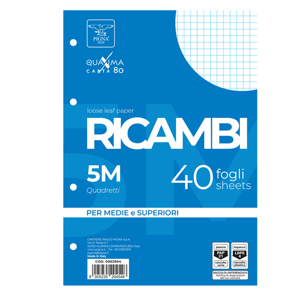 MD_28846 Ricambi forati Quaxima - A4 - 5 mm - 80 gr - Pigna - conf. 40 pezzi - immagine 1